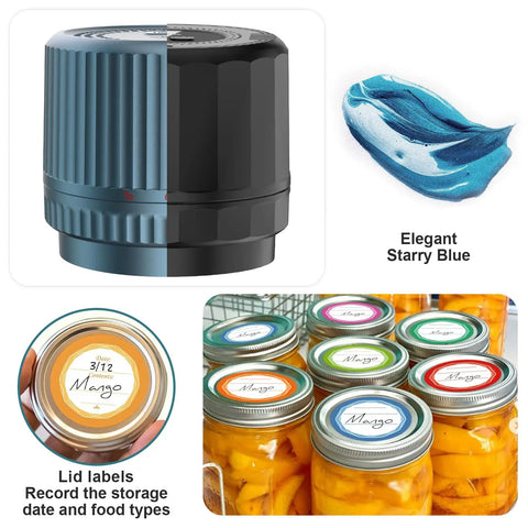 Portable Mason Jar Vacuum Sealer Kit With 2500mAh Battery Electric Smart Vacuum for jar sealing, shown in black and blue