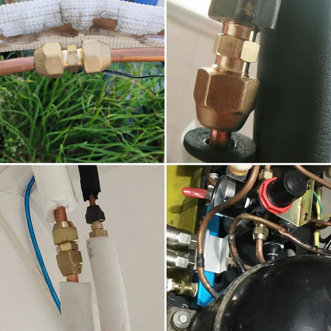 Brass Flare Tube Fittings Set Three Eighths Inch Male Flare To One Quarter Inch NPT Male Half Union Gas Adapters Six Pack Versatile Durable Brass Connectors For Quick Leak Free Gas And Plumbing Lines In Auto HVAC And DIY Workshop Projects installed on copper lines