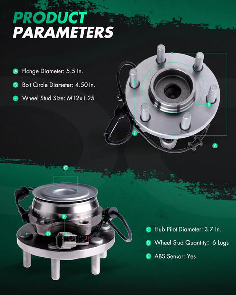 Front Wheel Bearing Hub Assembly Kit Plug And Play With ABS For Nissan Pathfinder 2005 To 2012 Frontier 2005 To 2016 Xterra 2005 To 2015 Suzuki Equator 2009 To 2012 6 Lug Direct Fit OE Style shown with dimensions and ABS sensor