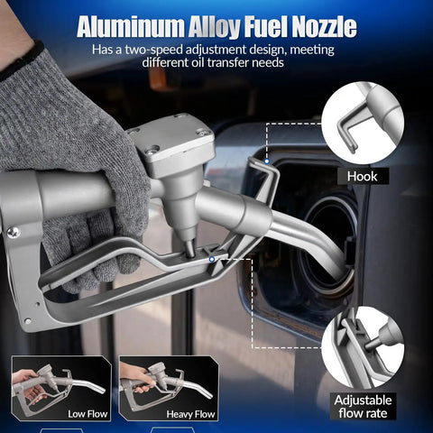 Heavy Duty 12V Diesel Transfer Pump Kit 11.9 GPM Electric Fuel Pump With Nozzle And Hose Flows Diesel And Kerosene Easy Skip The Headache Setup Portable, aluminum alloy nozzle shown.