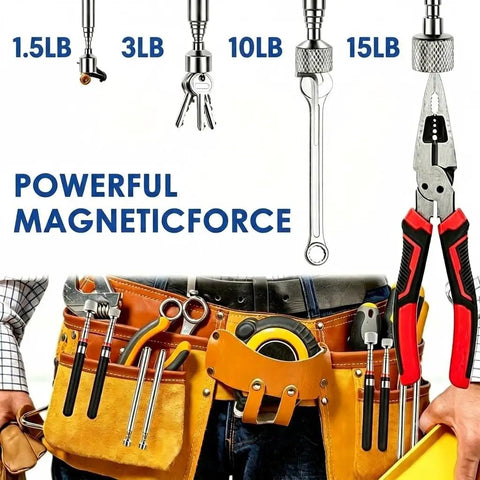 Eight Pack Telescoping Magnetic Pickup Tools With 1.5, 3, 10, And 15 Lb Capacity displayed with tool belt.