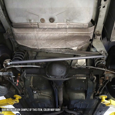 Heavy Duty Adjustable Panhard Bar For Camaro Firebird F Body Rear Suspension Tuning Matte Black Dom Steel With Chromoly Adapters visible installed undercarriage view.