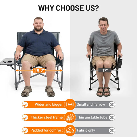 Comparison of the Beefy Heavy Duty XXL Director's Chair With Extra Wide 32 Inch Seat And 500 Lb Capacity and a smaller chair.