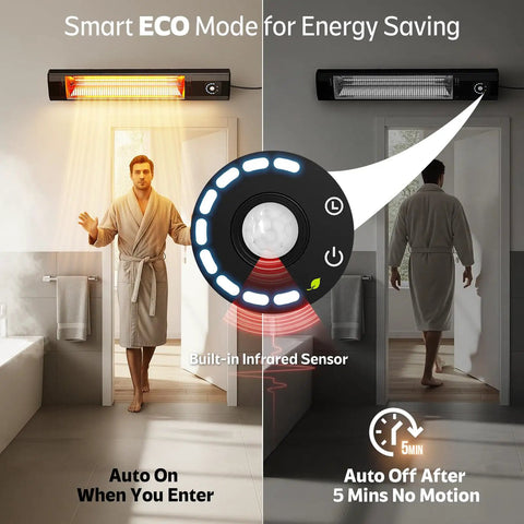 34 Inch 1500W Infrared Patio Heater with Motion Sensor shown in a bathroom with a person activating the motion sensor