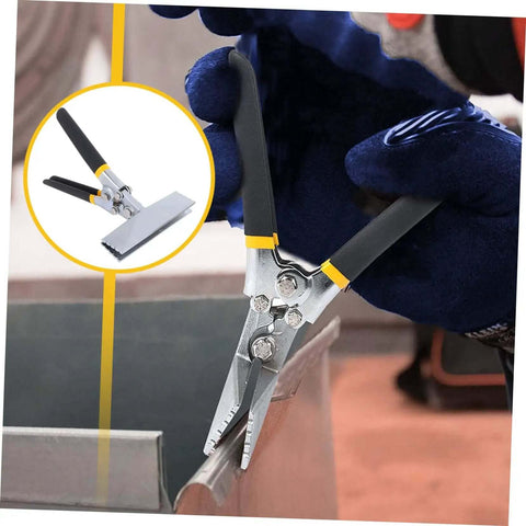 Heavy Duty Hand Seamer Tool for ductwork bending and steel plate folding, ergonomic handle, used by electrician, close-up view