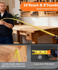 3-in-1 Laser Tape Measure With 197 Ft Laser Range And 16 Ft Manual Tape, Digital Level, Handy Distance Meter For Home Improvement, DIY Projects, Quick Accurate Readouts, yellow tape measure extended across workbench