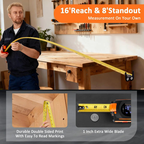 3-in-1 Laser Tape Measure With 197 Ft Laser Range And 16 Ft Manual Tape, Digital Level, Handy Distance Meter For Home Improvement, DIY Projects, Quick Accurate Readouts, yellow tape measure extended across workbench