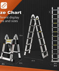 Portable Telescoping A Frame Ladder 12.5 Foot Compact Aluminum Extension, size chart showing folded and extended views.