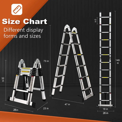 Portable Telescoping A Frame Ladder 12.5 Foot Compact Aluminum Extension, size chart showing folded and extended views.