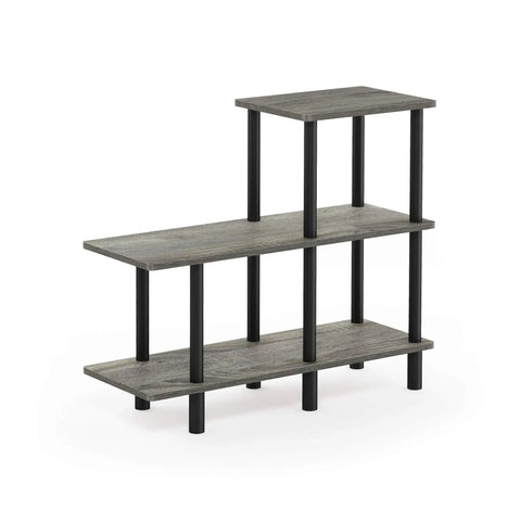 Three Tier Ladder Shelf Cube Bookcase For Bedroom Living Room Or Home Office Slick French Oak Grey With Black Tubes side view of shelf with grey panels and black tubes.