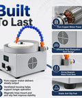 300W Electric Wet Dry Bench Grinder With Adjustable Speed Control, showing pure copper motor, magnetic water-hose base, and heat-dissipation.