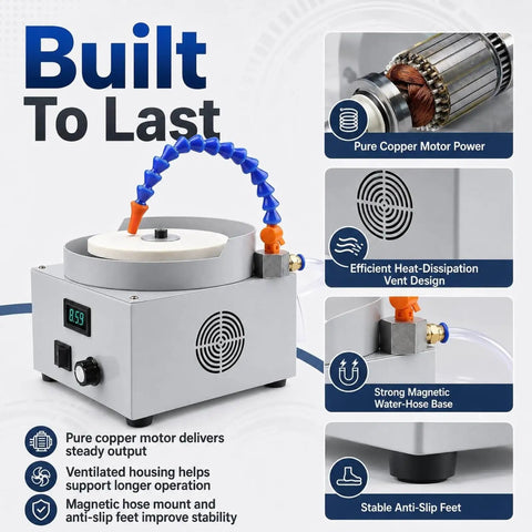 300W Electric Wet Dry Bench Grinder With Adjustable Speed Control, showing pure copper motor, magnetic water-hose base, and heat-dissipation.