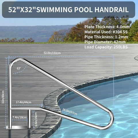 Smooth Sail Setup Hella Sturdy 304 Stainless Steel Inground Pool Handrail Safety Grab Bar angled view with measurements