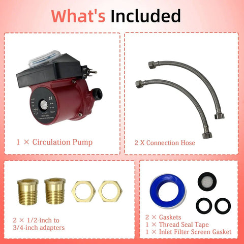 High Output Water Circulator Pump With Straightforward Installation And Smooth Operation For Residential Hydronic Heating Systems includes pump and hoses.