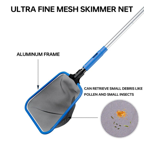 Deluxe Pool Cleaning Kit With Skimmer Net And Round Brush 70 Inch Telescopic Pole showing ultra fine mesh net with aluminum frame