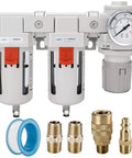 Three Eighth Inch NPT Air Drying System With Dual Five Micron Brass Filters And Regulator, Semi Auto Drain, Poly Bowl, Components Shown