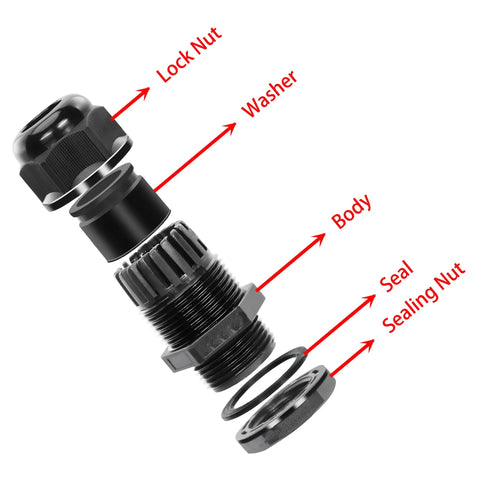 10-Pack One Half Inch NPT Black Cable Glands Waterproof IP68 Nylon Strain Relief Cord Grips 6-12mm Adjustable With Rubber Gaskets and Locknuts for Junction Boxes. Exploded parts view