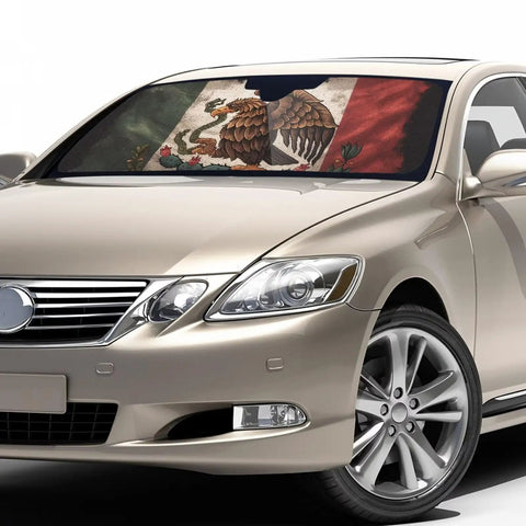 Keep Your Ride Crisp With This Solid Mexican Flag Windshield Sun Shade Universal Fit Car Sun Visor Blocking Intense Uv Rays And Summer Heat Foldable Easy Storage Cover on car front window.