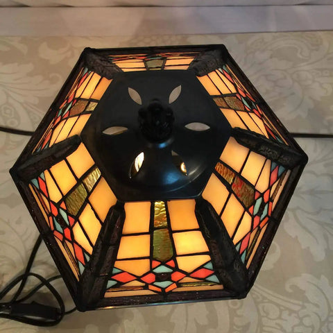 Mission Style Table Lamp With Tiffany Stained Glass Night Light Hexagonal Cone Lampshade 10 Inch Wide By 16 Inch Tall LED Bulb Included