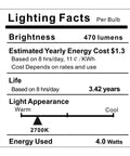 Lighting facts for Auto On Off Photocell LED Bulbs 4W 470 Lumen ETL Listed Dusk To Dawn Style, 2700K warm white, 3.42 years life.