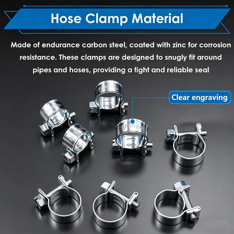 Fuel Line Clamp Set For Auto Marine And Truck Dope High Pressure Zinc Plated Fuel Injection Hose Clamps shown against a dark background
