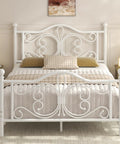 Full Size Metal Bed Frame Featuring Sculpted Butterfly Pattern Headboard In Shimmering White Polished Finish with plush bedding.