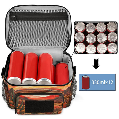 Desert Flower Cactus Tactical Lunch Bag Insulated Leakproof Lunch Box With Adjustable Shoulder Strap For Work Camp Trips Beach Picnic 7L Cooler Meal Prep Container, showing interior capacity with cans