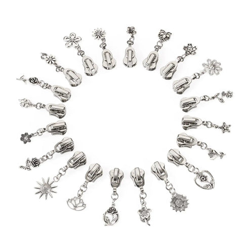 Flower Metal Zipper Pull Replacement Sliders Set 20 Pcs Durable Alloy With Platinum Finish arranged in a circle