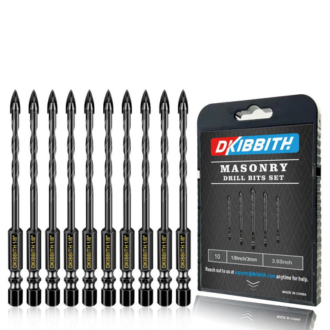 10 Piece 1/8 Inch Masonry Drill Bit Set With Cross Tungsten Carbide Tips And Hex Shank, packaging on display
