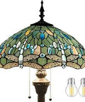 Sea Blue Tiffany Style Floor Lamp With Dragonfly Stained Glass Shade, 16 Inch Shade, showing intricate dragonfly and jewel design.