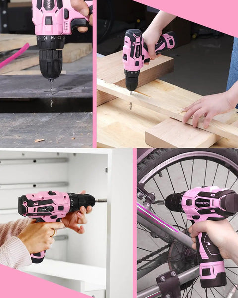 Pink 12V Cordless Drill Driver Kit With 3/8 Inch Keyless Chuck Includes Charger And Storage Bag Lightweight Electric Screwdriver For Home DIY Ergonomic Handle Awesome Gift For Projects And Pink Ribbon Charity Support in various DIY scenarios