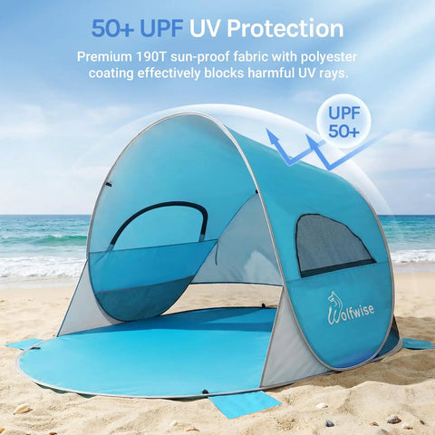 Pop Up Beach Tent Sun Shelter With UPF50+ UV Protection, Instant Easy Setup, 3 Person Capacity on beach
