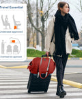 Woman walking with suitcase and maroon Lightweight Travel Duffel Bag For Women With Wet Pocket And Luggage Sleeve Puffer Gym Tote
