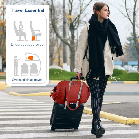 Woman walking with suitcase and maroon Lightweight Travel Duffel Bag For Women With Wet Pocket And Luggage Sleeve Puffer Gym Tote