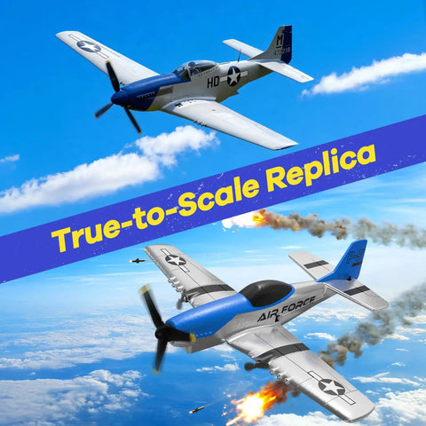 P51 Mustang RC Airplane For Beginners With 2.4GHz Control; two realistic replicas in flight, showcasing aerial maneuvers.