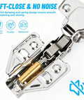 Close-up of stainless steel soft-close hinge from the Stainless Steel Cabinet Door Hinges Kit With Soft Close Hinges, 112-Piece DIY Repair Set Featuring 4 Hinges, 12 Hinge Repair Plates And 96 Screws For Home Kitchen Cupboard Cabinets.