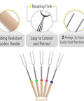 Diagram of telescoping stainless steel roasting sticks with wood handles showing features for s'mores, hot dogs campfires, fire pits.