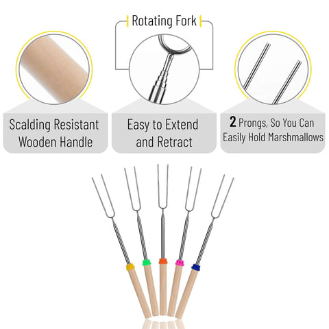 Diagram of telescoping stainless steel roasting sticks with wood handles showing features for s'mores, hot dogs campfires, fire pits.