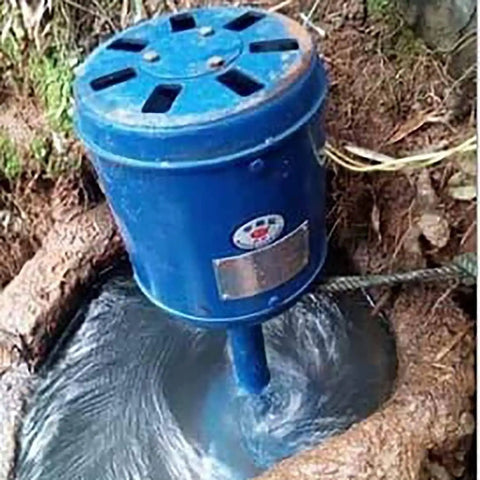Installed Micro Hydro Generator Turbine for River Water Power, 1.5kW Axial Flow Turbine, shown operating in a river setting.