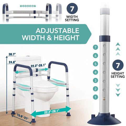 Adjustable Toilet Safety Rails For Seniors Rock Solid Bathroom Grab Bars in height and width adjustments next to toilet.