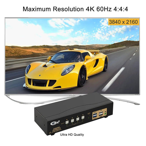 Slick Dual Monitor Kvm Switch Delivers Hdmi 4K At 60Hz To Handle Four Desktop Or Laptop Setups Across Two Screens While Sharing Wireless Peripherals No Sweat For A Smooth Home Office Vibe with yellow sports car on screen.