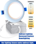 24 Pack 6 Inch Canless Recessed LED Dimmable Pot Downlights With 5Cct Indirect Ceiling Fixtures showing dimmable settings and light fixture.