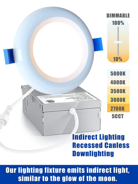 24 Pack 6 Inch Canless Recessed LED Dimmable Pot Downlights With 5Cct Indirect Ceiling Fixtures showing dimmable settings and light fixture.