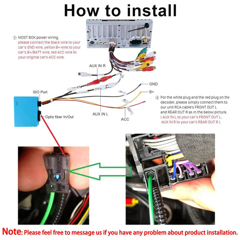 Lexxson optic fiber decoder front view showing blue module and multi‑color wiring harness for car audio installation