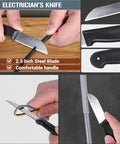 Upgraded 6 Piece Cable Splicer Kit with genuine leather pouch shown in use, featuring electrician's knife cutting cable.