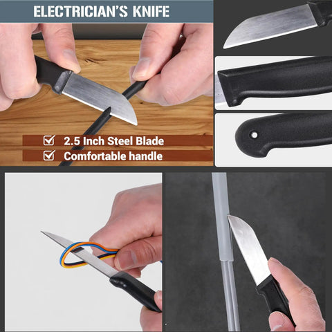 Upgraded 6 Piece Cable Splicer Kit with genuine leather pouch shown in use, featuring electrician's knife cutting cable.