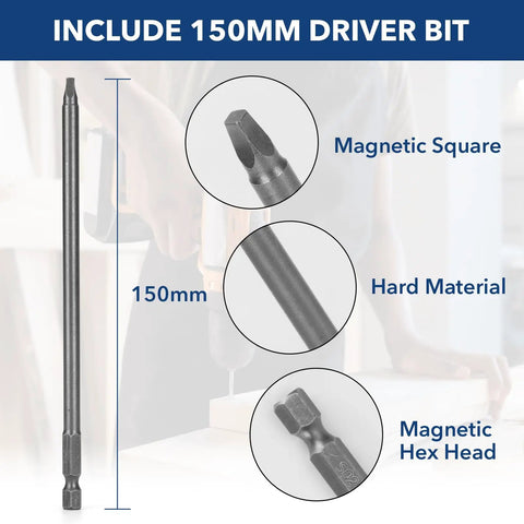 Image of 150 mm drive bit, part of Pocket Hole Screws Eight By One And A Half Inch Zinc Coarse Thread Wood Screws Bulk Pack Of Three Hundred With Washer Head And Square Drive Plus One Hundred Fifty Millimeter Drive Bit Included.
