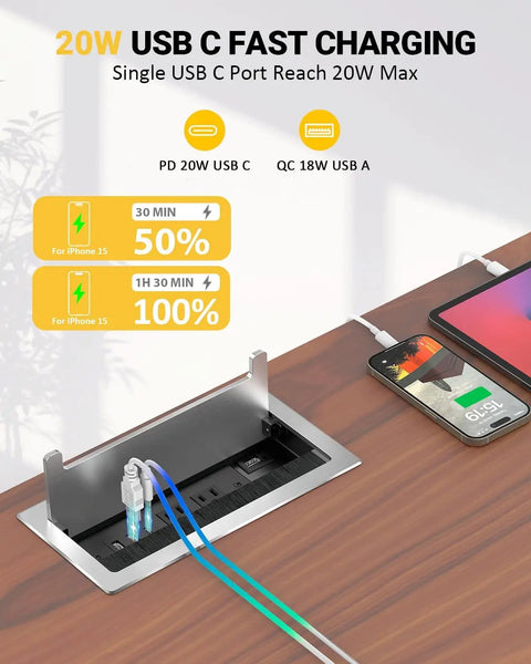Pop Up Power Strip With PD 30W USB Ports For Table Conference Room And Countertop Use, dual devices charging via USB C and A ports