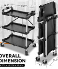 Heavy Duty 3 Tier Folding Utility Cart With Locking Wheels Collapsible Rolling Workhorse dimensions display