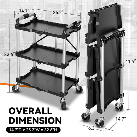 Heavy Duty 3 Tier Folding Utility Cart With Locking Wheels Collapsible Rolling Workhorse dimensions display